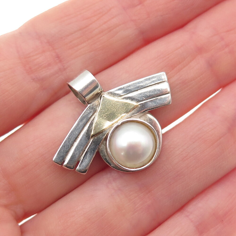 925 Sterling Silver 18K Gold Vintage Real Pearl Modernist Charm Pendant